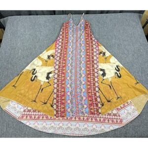 Aratta Silent Journey Dress Womens Medium Multi Color Boho Maxi Crane Print